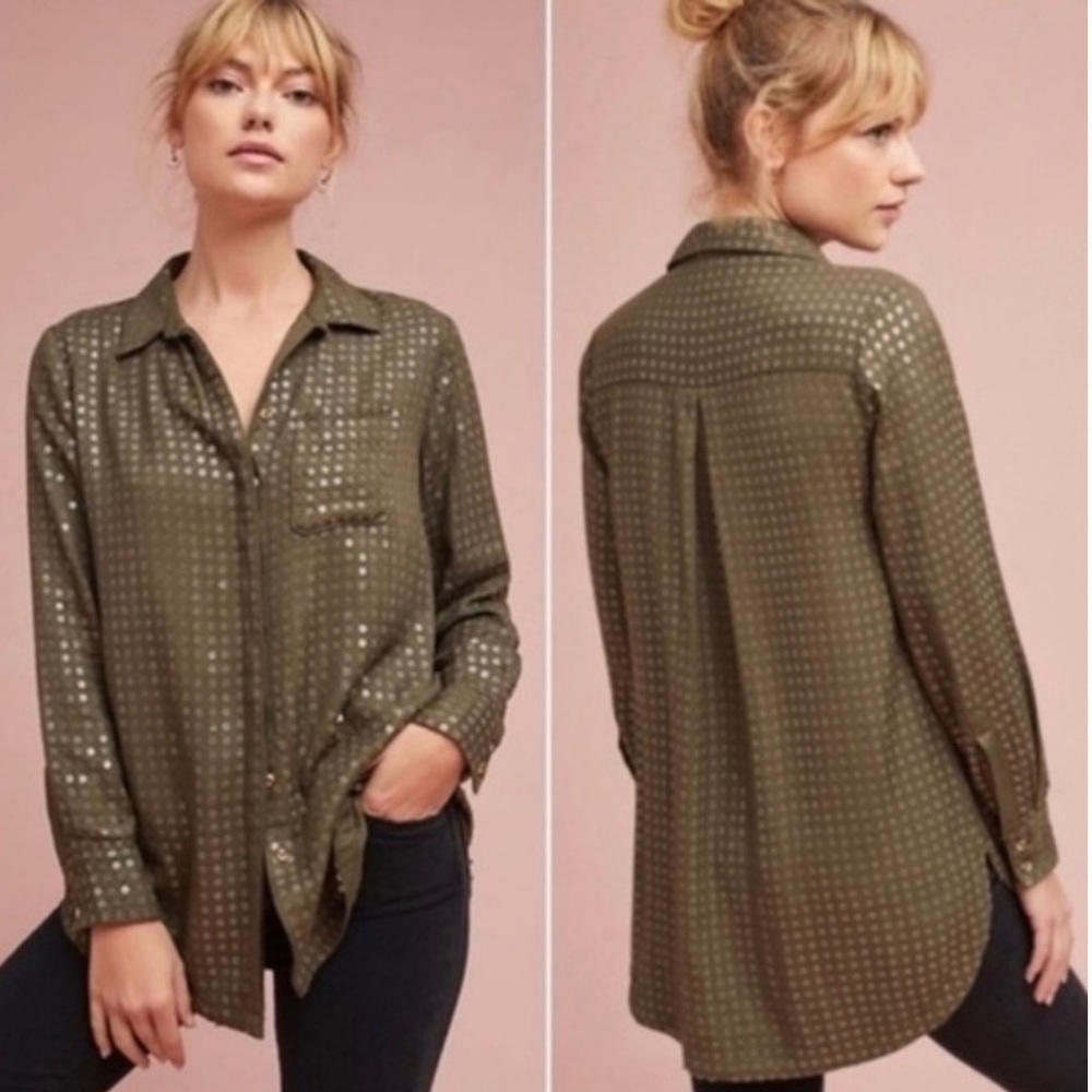 ANTHROPOLOGIE MAEVE Arwa Sequins Green Collared Button Down Tunic Blouse S